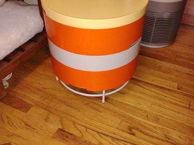 Vintage Mid-Century Modern Round Orange & White Storage Table/Bin with Yellow Lid