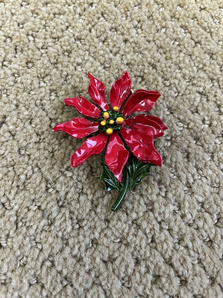 1960's Painted Metal Christmas Poinsettia Flower Pin - Vintage
