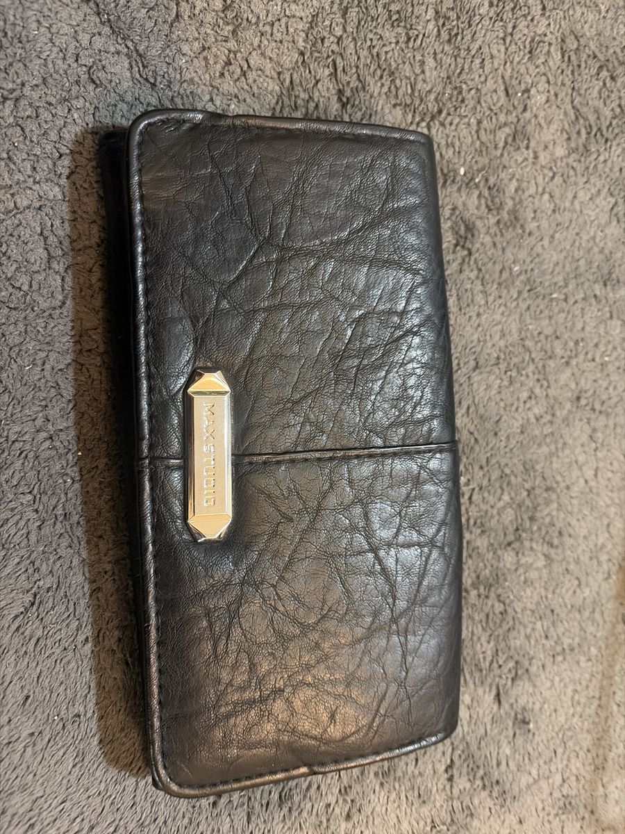MAX STUDIO Black Wrinkled Leather Wallet Clutch Silver Hardware