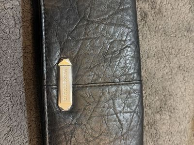 MAX STUDIO Black Wrinkled Leather Wallet Clutch Silver Hardware