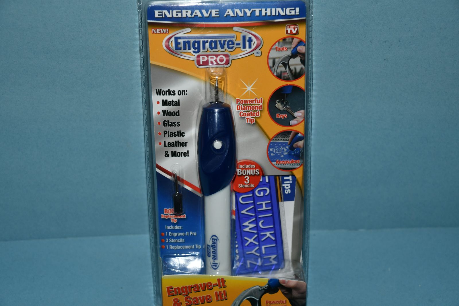 NIP "ENGRAVING TOOL" ~ DIAMOND COATED TIP ~ ENGRAVES METAL, WOOD, GLASS, PLASTIC, LEATHER ~ 3 STENCILS ~ BONUS TIP