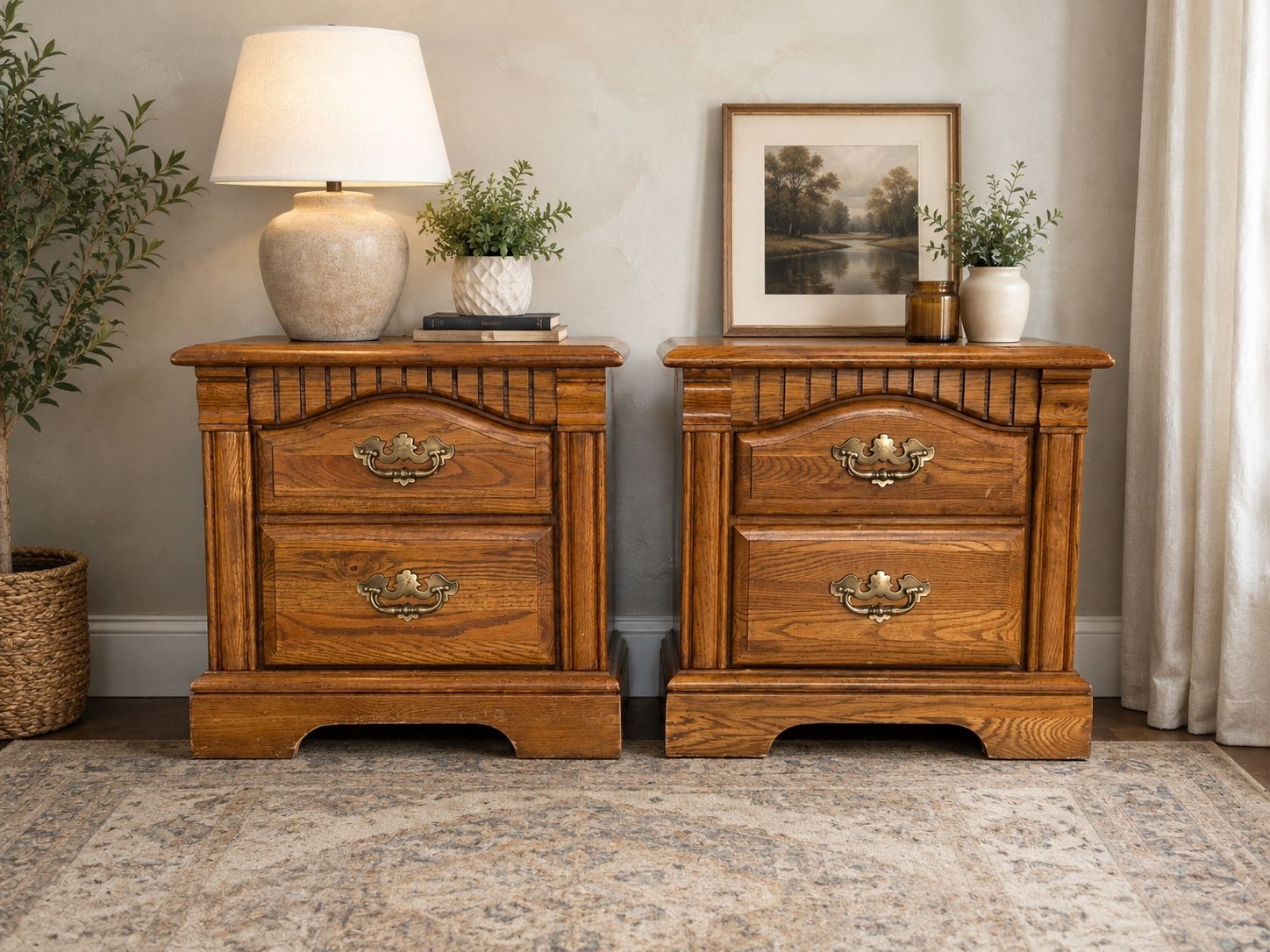 Vintage Oak Nightstands with Two Drawers (Pair)
