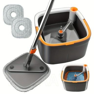 Square Spin Mop and Bucket Set, Dirty/Clean Water Separation System, Self Rotation