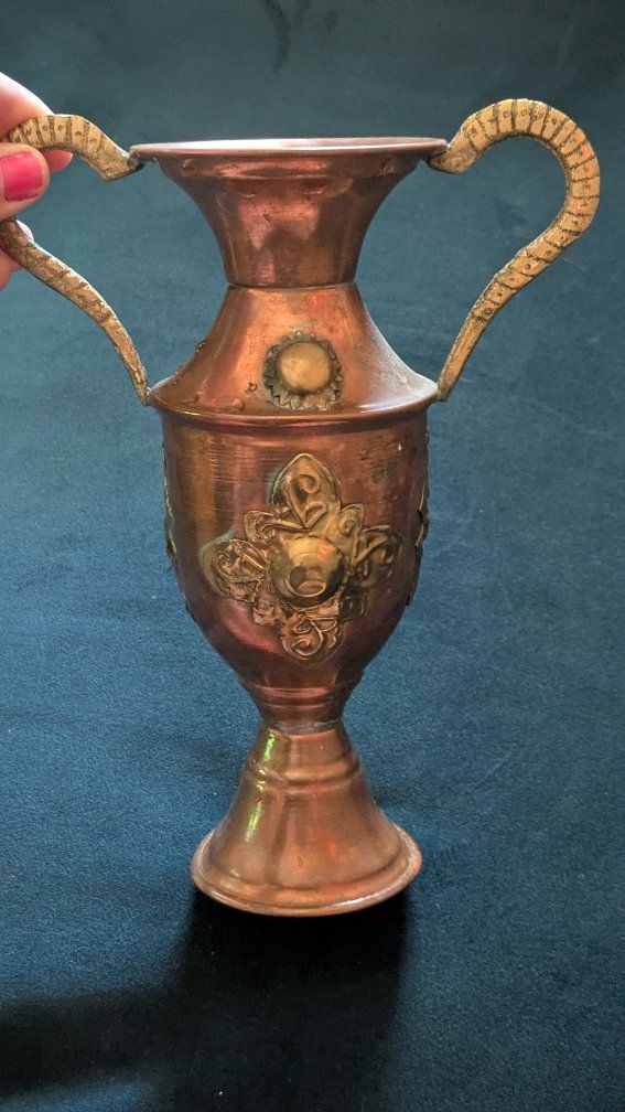 Vintage Copper & Brass Embossed Urn Vase with Handles - Patina Finish Decor