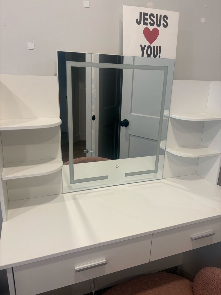 White Makeup Vanity Table with Lighted Mirror, Shelves and Drawers
