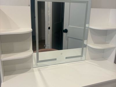 White Makeup Vanity Table with Lighted Mirror, Shelves and Drawers