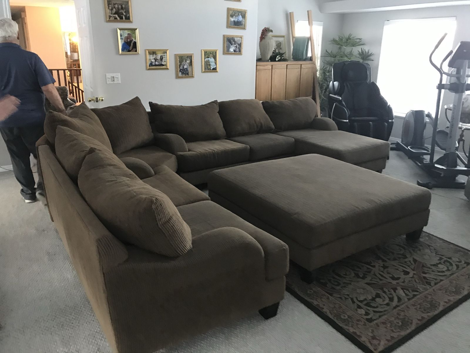 Light Brown Fabric Sectional Sofa with Chaise and Matching Large Ottoman