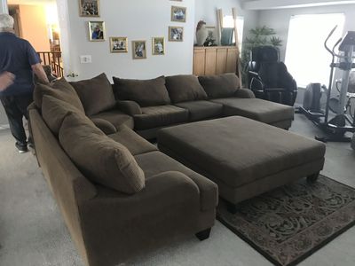 Light Brown Fabric Sectional Sofa with Chaise and Matching Large Ottoman