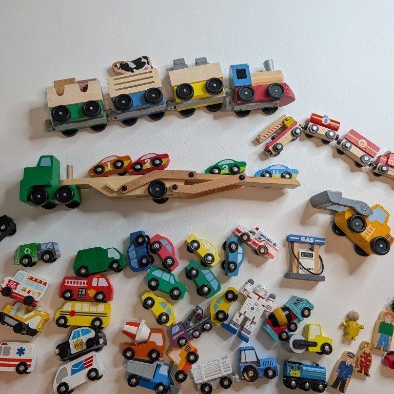 Janod Melissa and Doug Wooden Magnetic Train & Vehicle Set - Assorted Cars, Trucks, & People - Used Condition