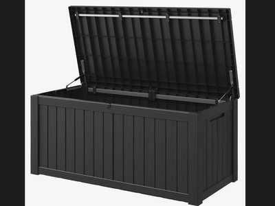 New in Box 150 Gallon Black Large Resin Deck Box, Storage Waterproof Box with Lockable Lid