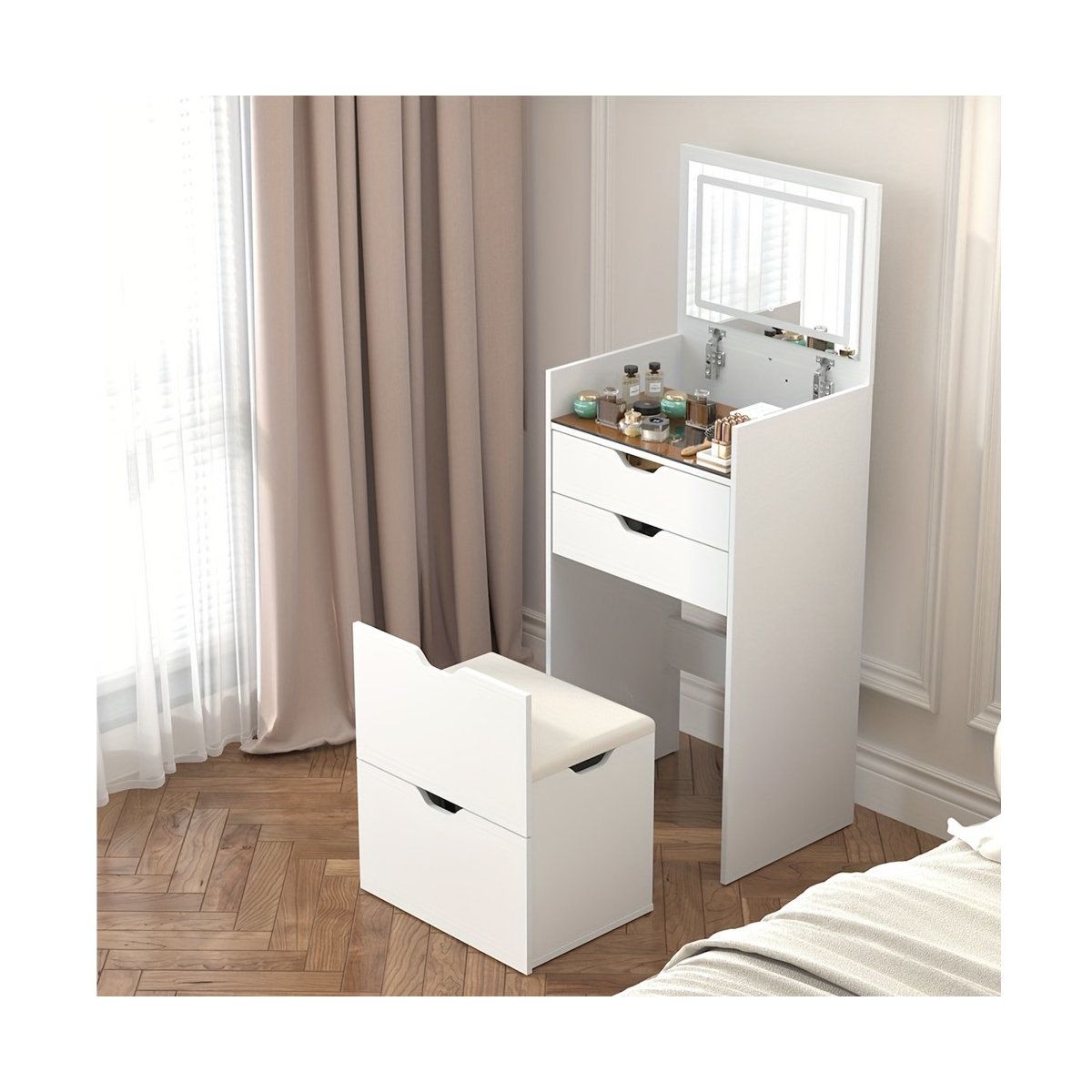 3-in-1 Multifunctional White Makeup Vanity Set with LED Lighting
