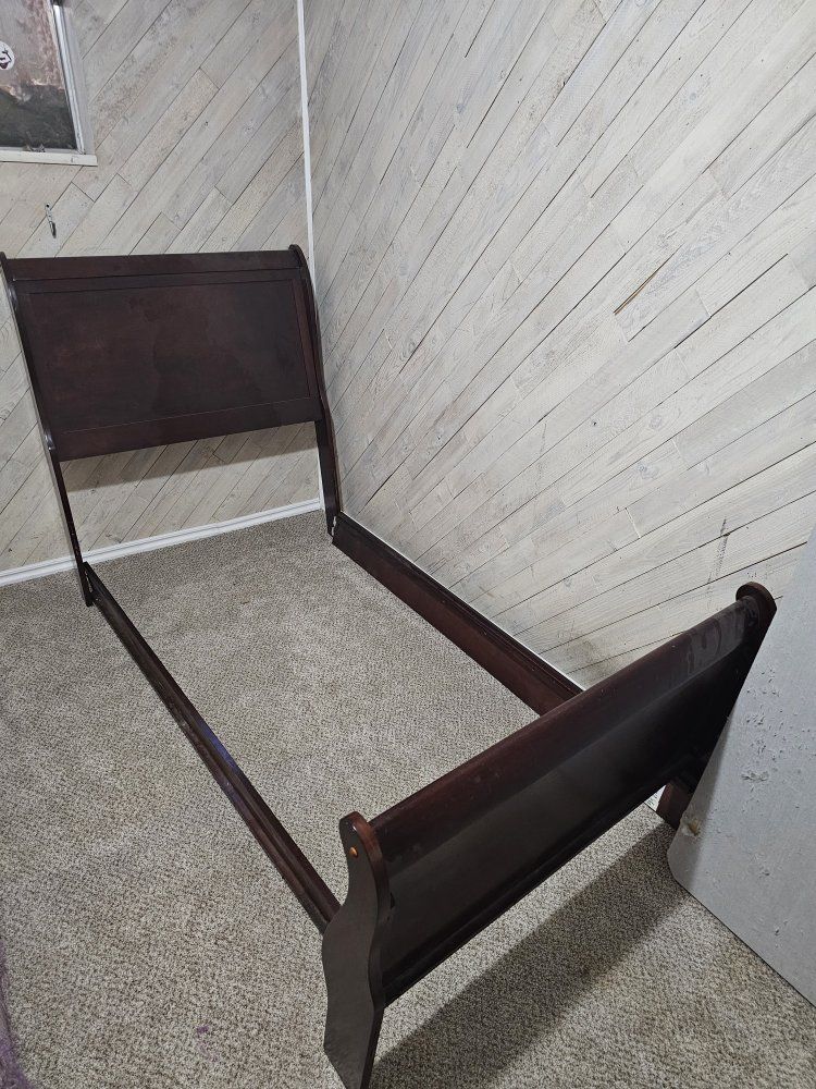 Dark Wood Sleigh Bed Frame & Matching 2-Drawer Nightstand - Twin Size Bedroom Set