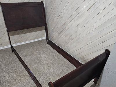 Dark Wood Sleigh Bed Frame & Matching 2-Drawer Nightstand - Twin Size Bedroom Set