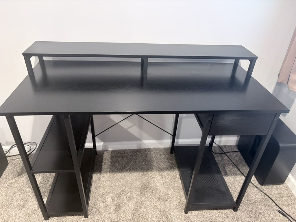 Modern Black Desk with Shelving + Monitor Stand