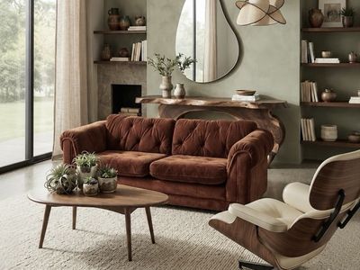 Vintage Mid Century 2-Seater Chocolatey Brown Velour Button Tufted Plush Crush Loveseat Sofa Couch w/Scallop Back Wooden Legs