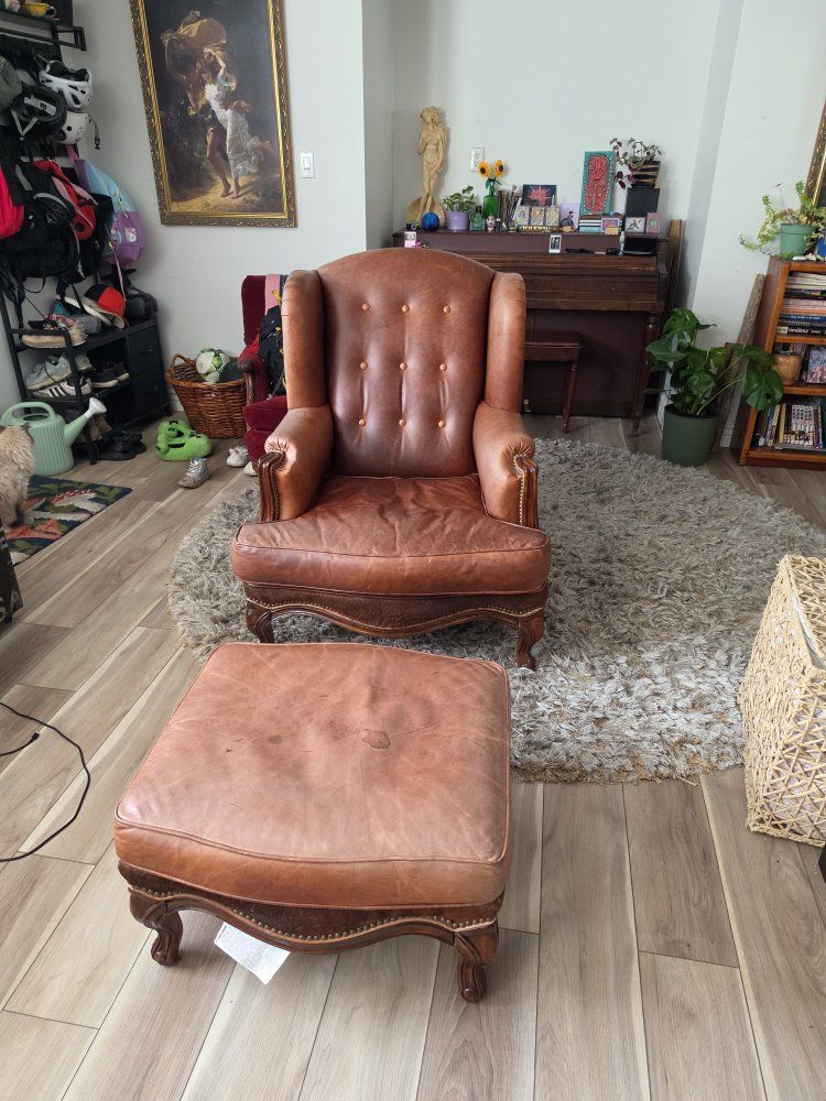 Bradington Young Leather & Cowhide Wingback Armchair with Matching Ottoman