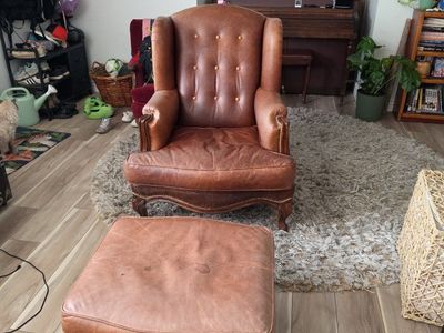 Bradington Young Leather & Cowhide Wingback Armchair with Matching Ottoman