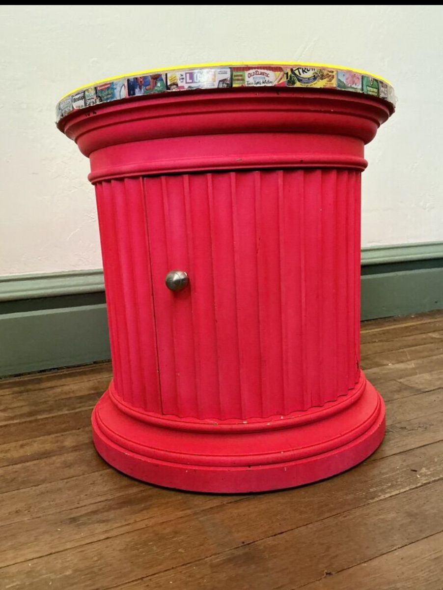 Custom Painted Pink Column End Table Nightstand with Decoupage Top and Cabinet Storage