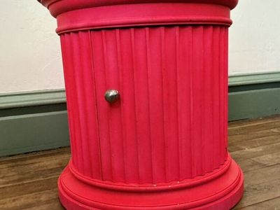 Custom Painted Pink Column End Table Nightstand with Decoupage Top and Cabinet Storage