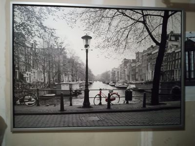 Framed wall art black n white with red bicycle and Amsterdam canal in Netherlands 55x39