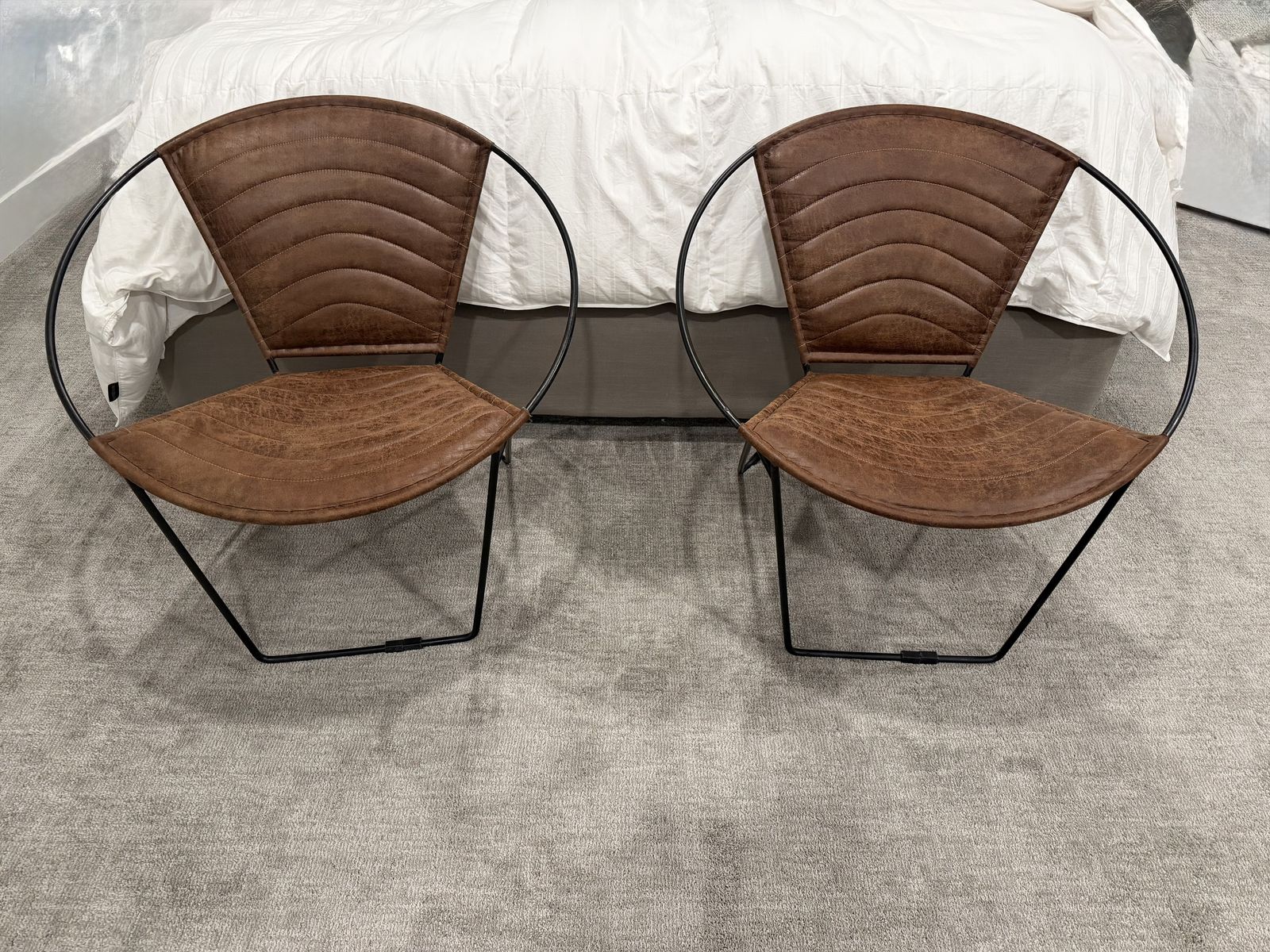 Set of 2 Modern Brown Faux Leather & Black Metal Circle Accent Chairs