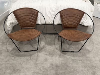 Set of 2 Modern Brown Faux Leather & Black Metal Circle Accent Chairs