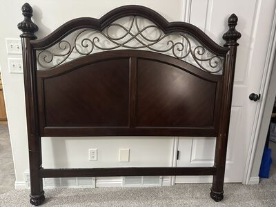 Queen Sleigh Bed - Dark Cherry with Metal Scroll
