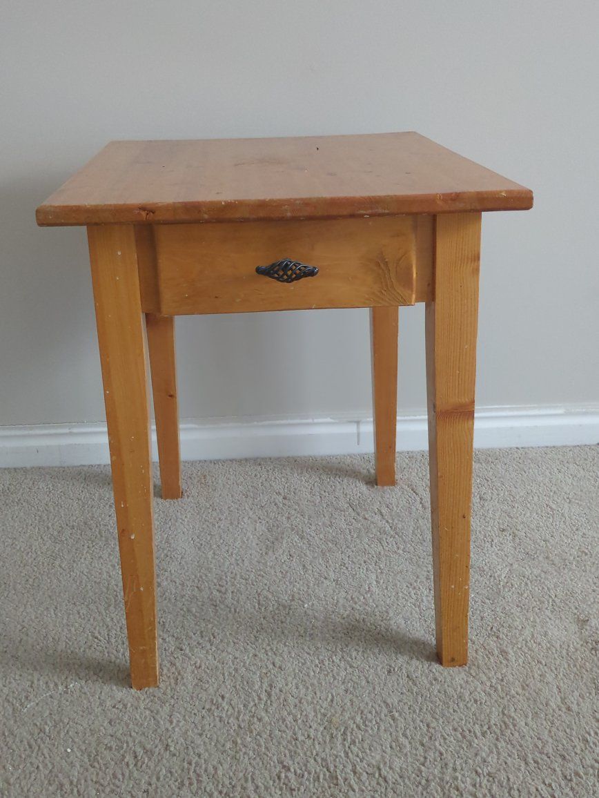 Small Wooden Side Table with Single Drawer, Light Wood Finish, Square Top