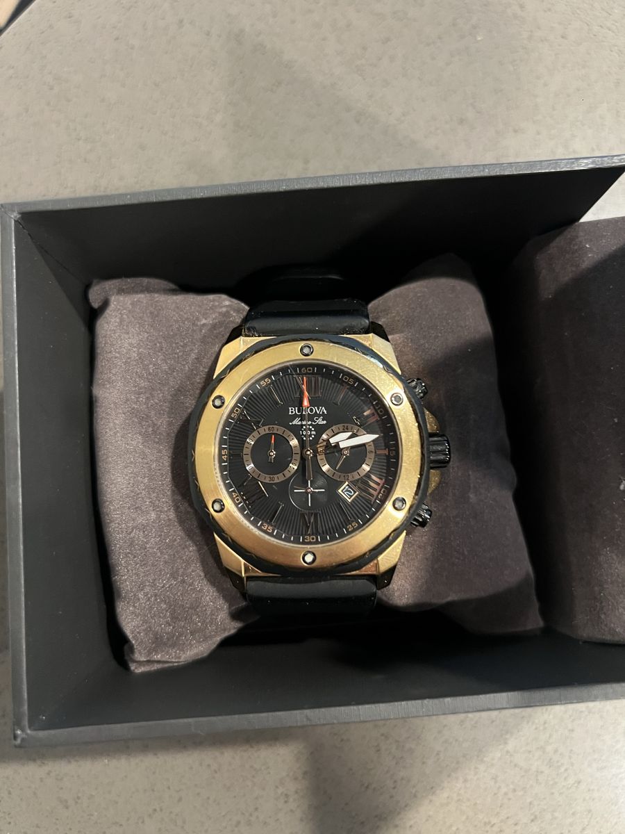 Bulova Marine Star Chronograph Men's Watch 98B104 - Gold Tone & Black, Black Rubber Strap