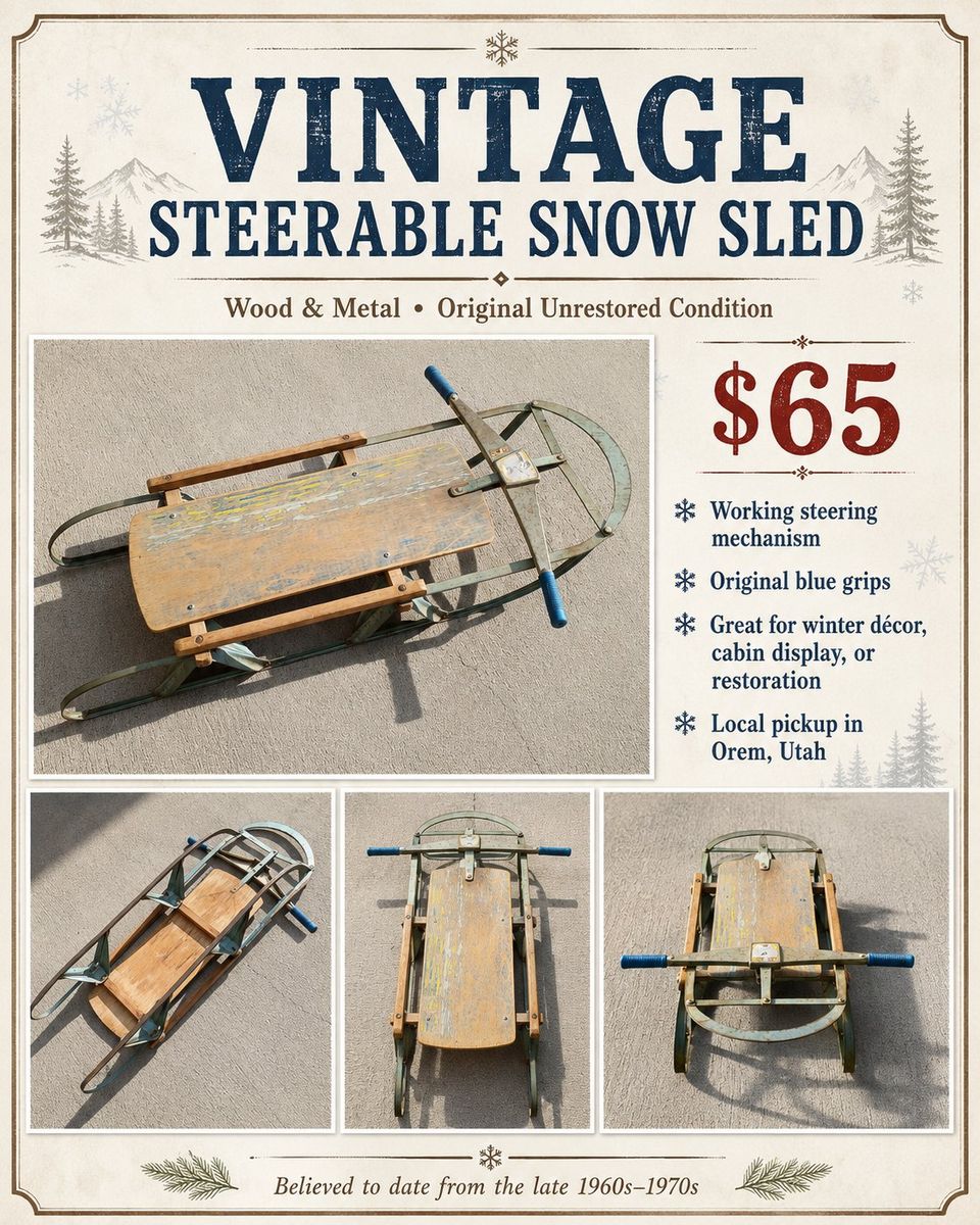 Vintage Steerable Snow Sled, Wood & Metal, Original Unrestored Condition, 1960s-70s Era