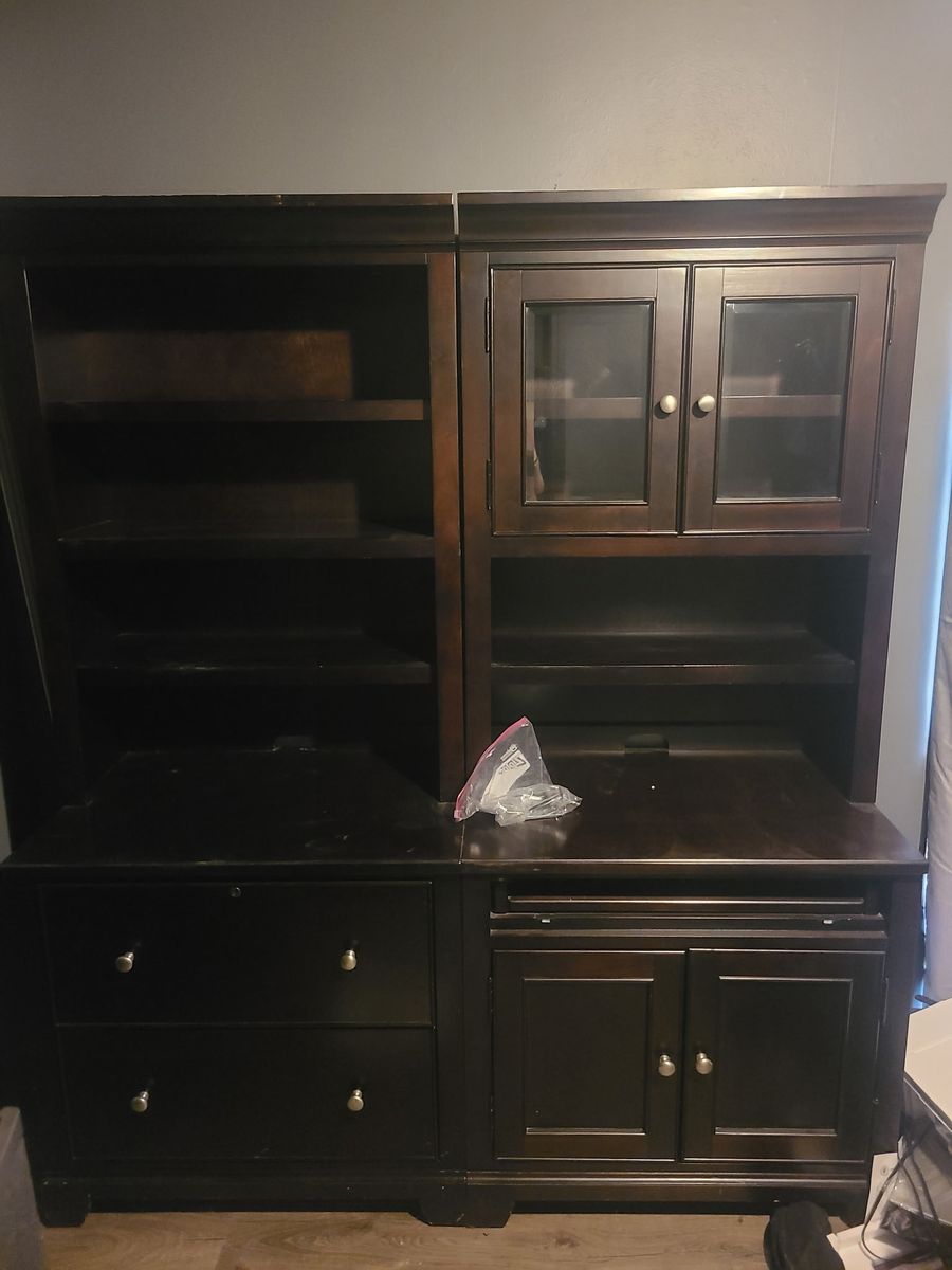 Dark Wood Home Office Desk & Storage Hutch with Shelves, Drawers, and Glass Cabinet Doors