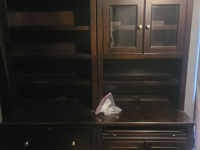Dark Wood Home Office Desk & Storage Hutch with Shelves, Drawers, and Glass Cabinet Doors