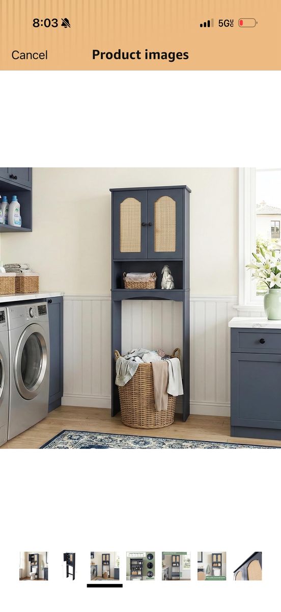Over The Toilet Cabinet Storage Organizer with Rattan Doors - Navy Blue