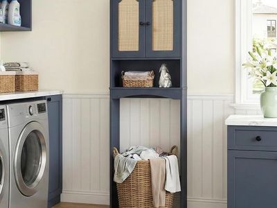 Over The Toilet Cabinet Storage Organizer with Rattan Doors - Navy Blue