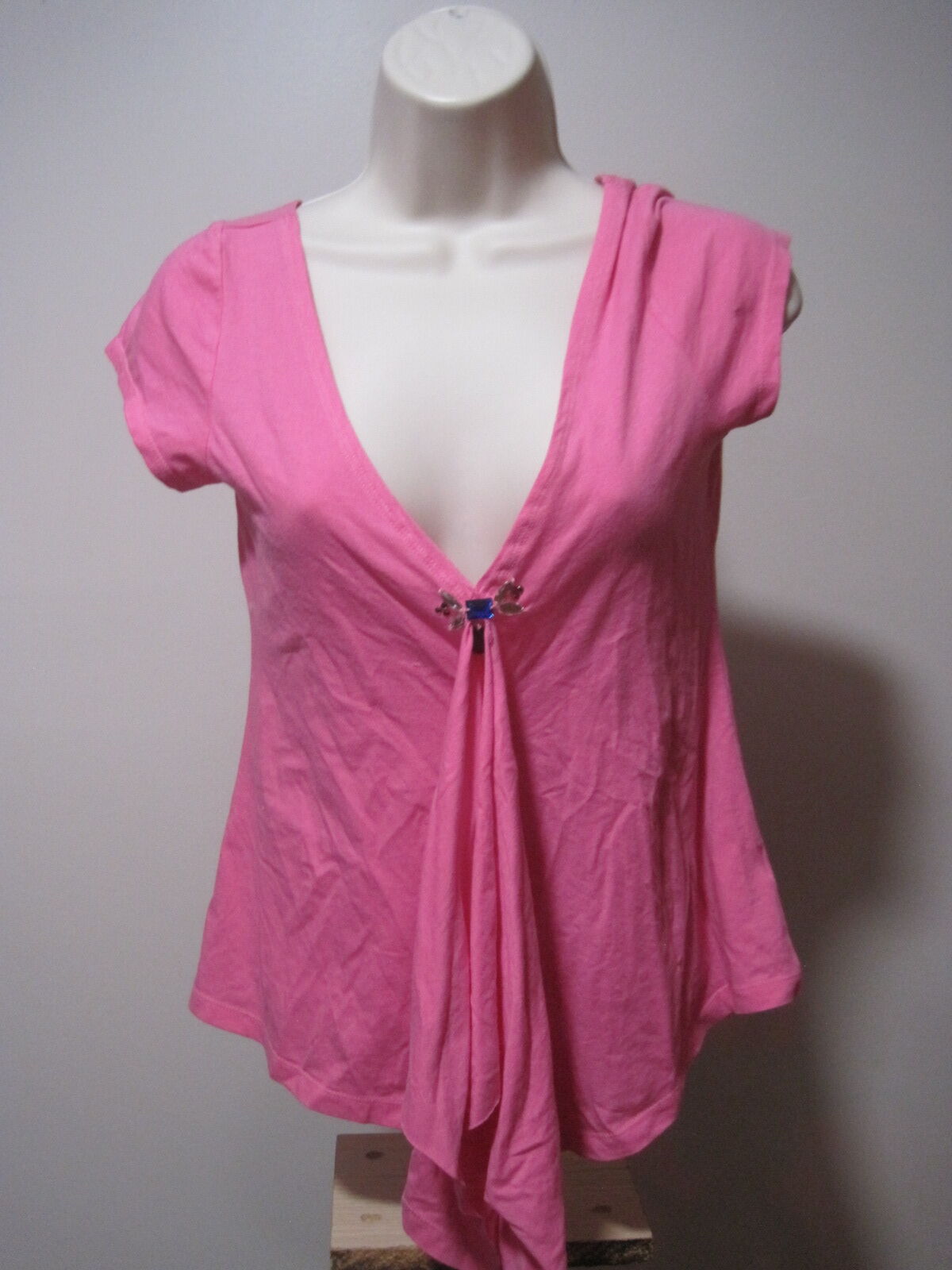 One Step Up Women Large Pink Beaded Flutter Short Sleeve Open Front V-Neck Shirt