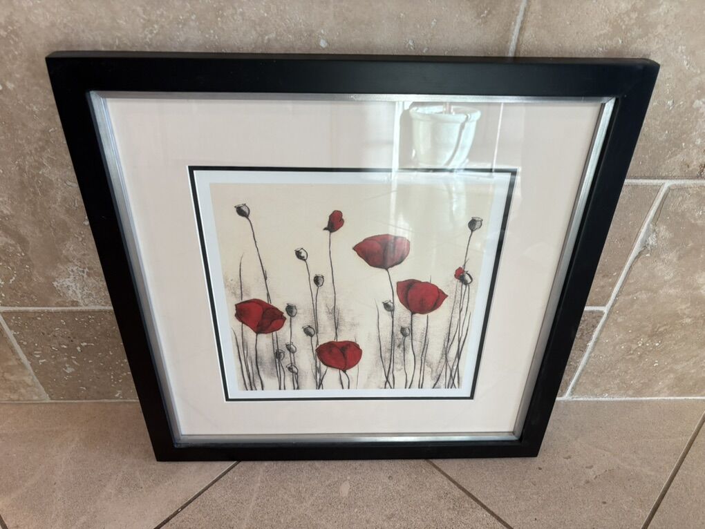 Red Poppies Print In Black & Silver Frame
