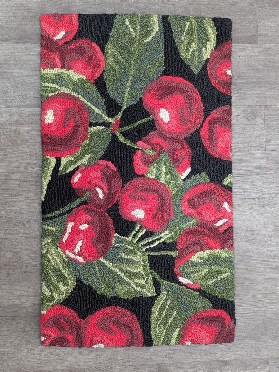 Handcrafted Cherry Floral Accent Rug – Vibrant Red Botanical Design Rug | Cottage, Vintage & Garden Style Decor 22x38