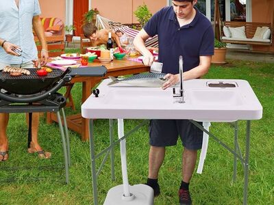 Foldable Fish Cleaning Table w/Dual Water Basins