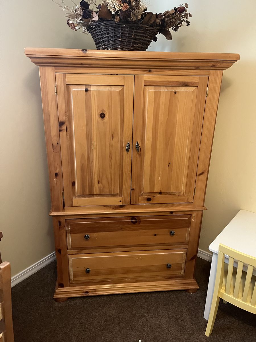 Solid Pine Wood Entertainment Center TV Armoire with Two Storage Drawers
