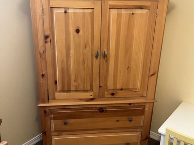 Solid Pine Wood Entertainment Center TV Armoire with Two Storage Drawers