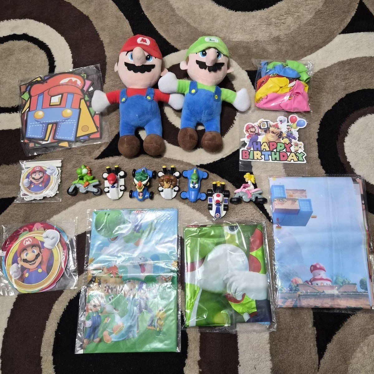 Super Mario Party Supplies Lot: Plush Toys, Kart Racers, Decorations & Balloons