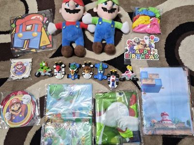 Super Mario Party Supplies Lot: Plush Toys, Kart Racers, Decorations & Balloons