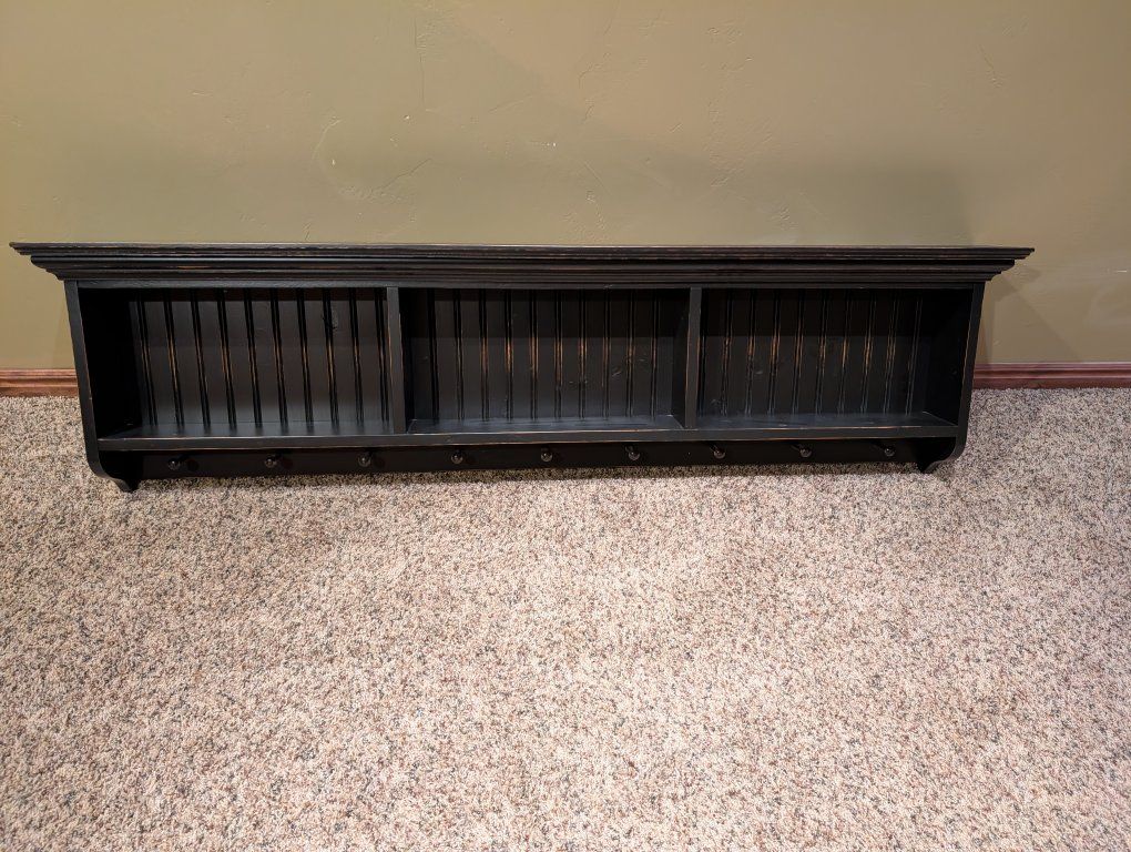 Shabby Chic Black Wall Mounted Shelf with 3 Cubbies & 9 Hooks - Rustic Entryway Organizer