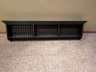 Shabby Chic Black Wall Mounted Shelf with 3 Cubbies & 9 Hooks - Rustic Entryway Organizer