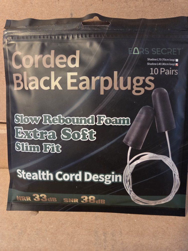 EARS SECRET Corded Black Earplugs - Slow Rebound Foam, Extra Soft, Slim Fit, NRR 33dB, 10 Pairs, Shape: Shadow