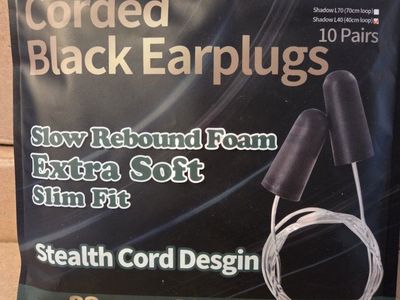 EARS SECRET Corded Black Earplugs - Slow Rebound Foam, Extra Soft, Slim Fit, NRR 33dB, 10 Pairs, Shape: Shadow