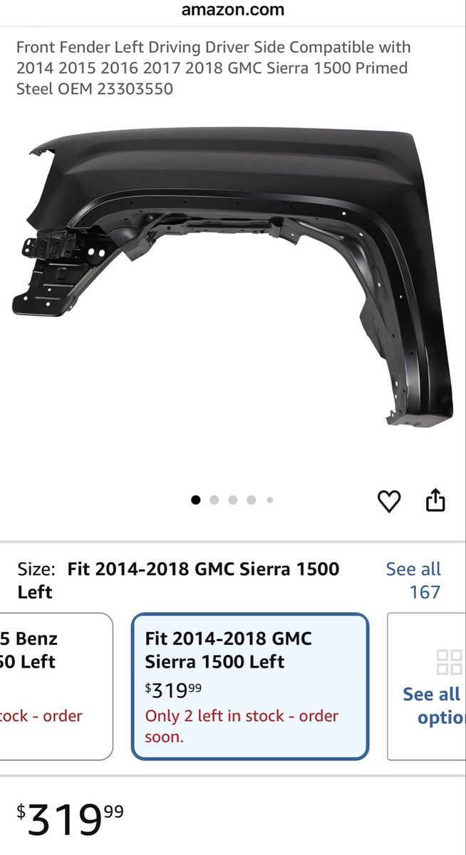 Brand new! Front Fender Left Driving Driver Side Compatible with 2014 2015 2016 2017 2018 GMC Sierra 1500