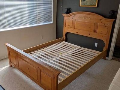 IKEA Solid Wood Bed Frame with Wooden Slats & Carved Headboard Detail