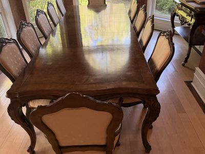 Large Antique Style Dining Table & 10 Chairs - Ornate Wood Carvings & Upholstered Seats