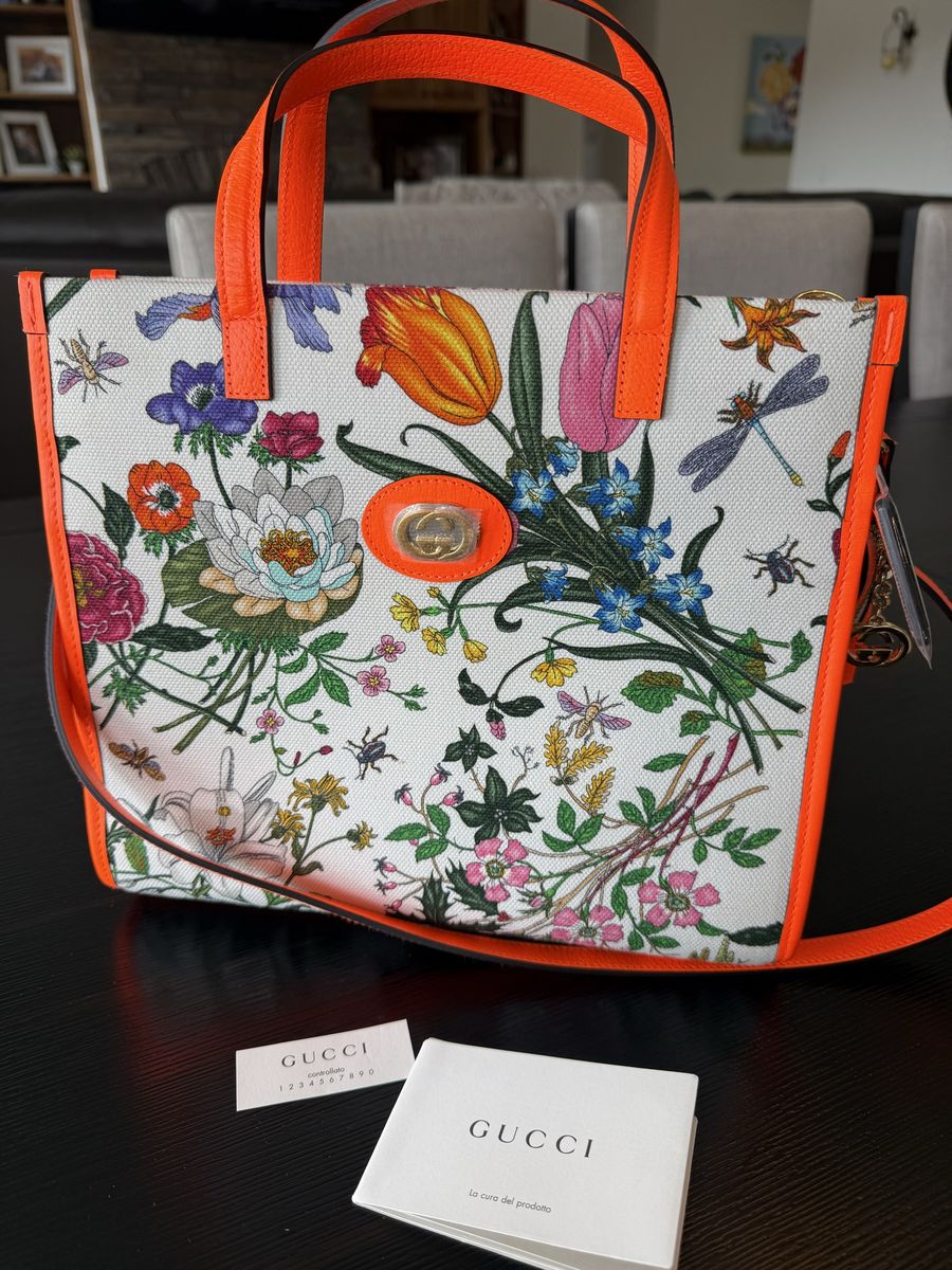 Gucci Flora Floral Tote Multicolor Orange Trim Top